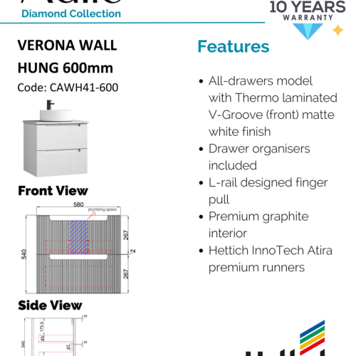 VANITIES - Verona Wall Hung Vanity w/ Ceramic Top