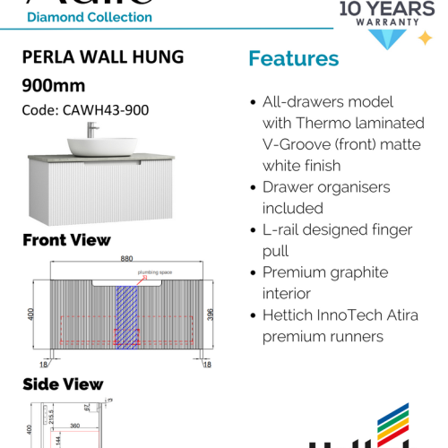 VANITIES - Perla Wall Hung Vanity w/ Ceramic Top