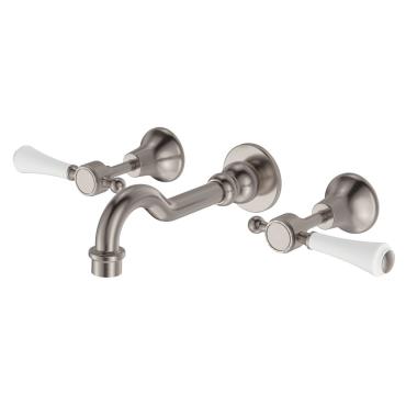 Lillian Lever Basin/Bath Wall Set Ceramic White Handle - Brushed Nickel