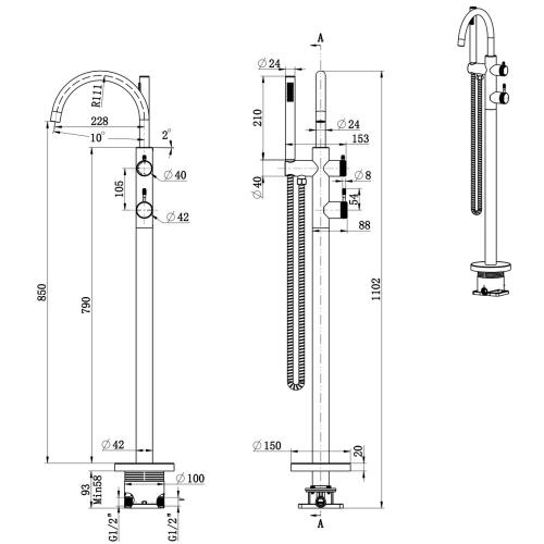 TAPWARE - Mica Fluted Freestanding Bath Mixer with Hand Shower - Black