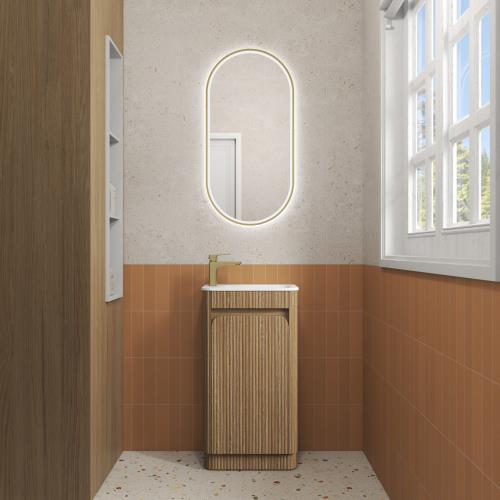VANITIES - Mini Hartelle Fluted Floor Vanity - Harvest Oak